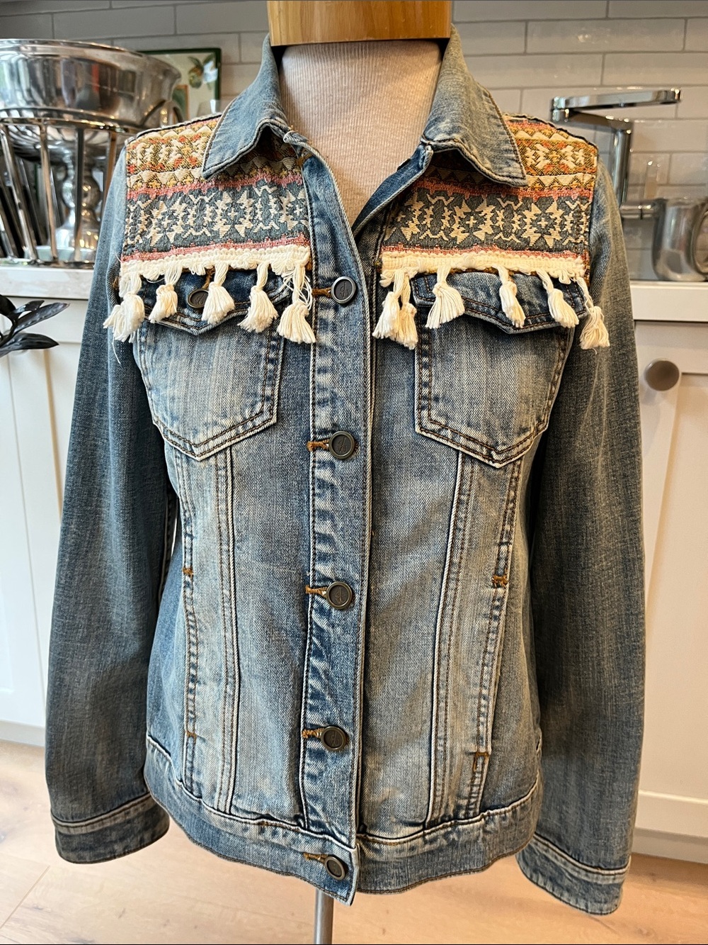 Driftwood GeenaBoho Tassel Trim and embroidered shoulder &cuff Blue Denim Jacket